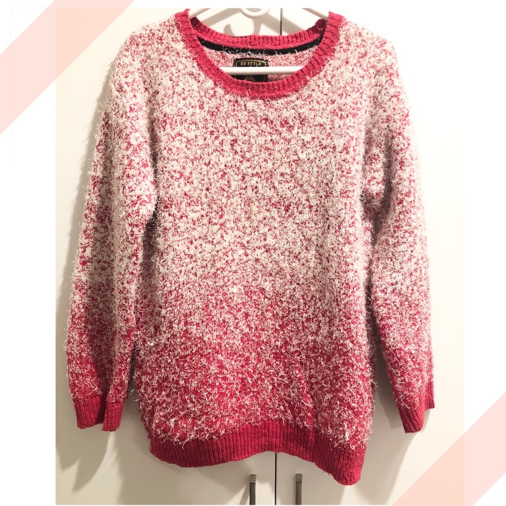Gradient pattern fluffy white pink sweater